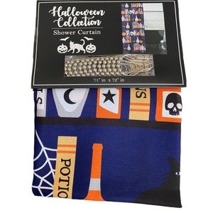 Halloween Collection Blue Shower Curtain with Hooks- Black Cats & Potions